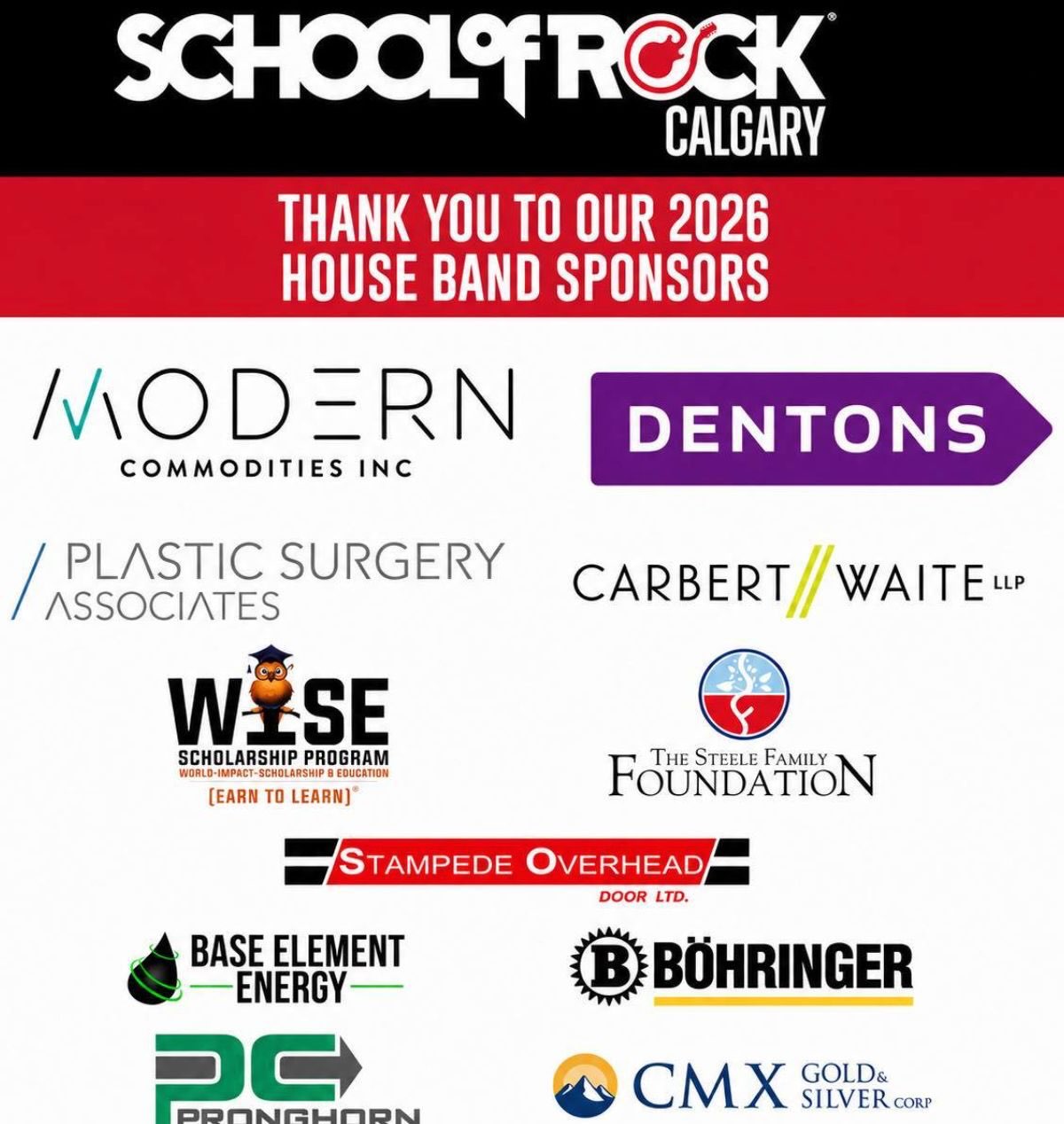 The School of Rock Calgary 2026 House Band sponsor recognition includes WISE and The Steele Family Foundation.