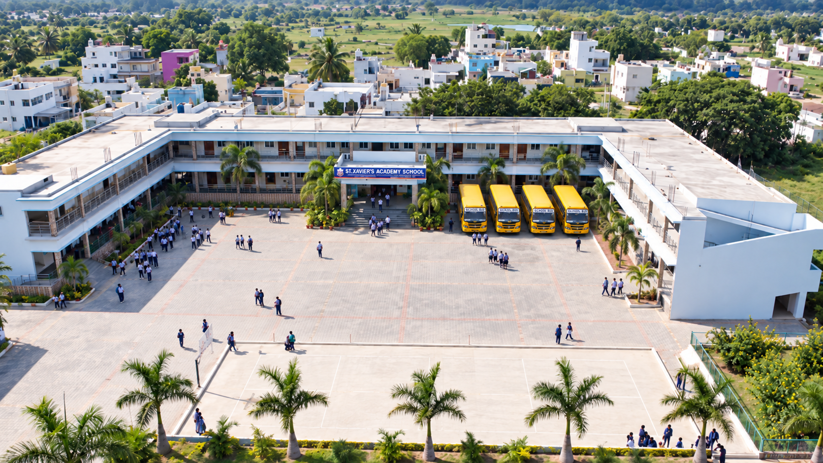 St. Xavier’s Academy in Mathigiri, Tamil Nadu, with four yellow school buses in the courtyard.